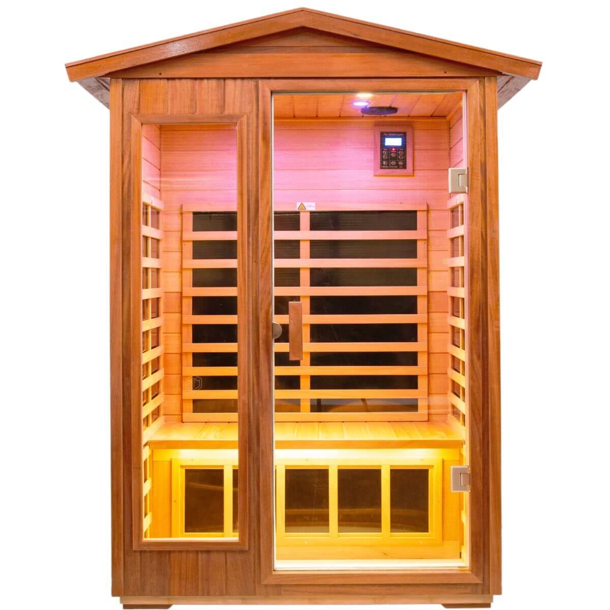 Wearwell-902VT 2 Person Outdoor Ultra-Low EMF Infrared Sauna in Mahogany | Strong Weather Resistance